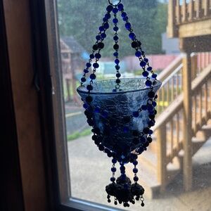 Vintage Moroccan hanging gem jewel votive lantern candle cobalt blue art